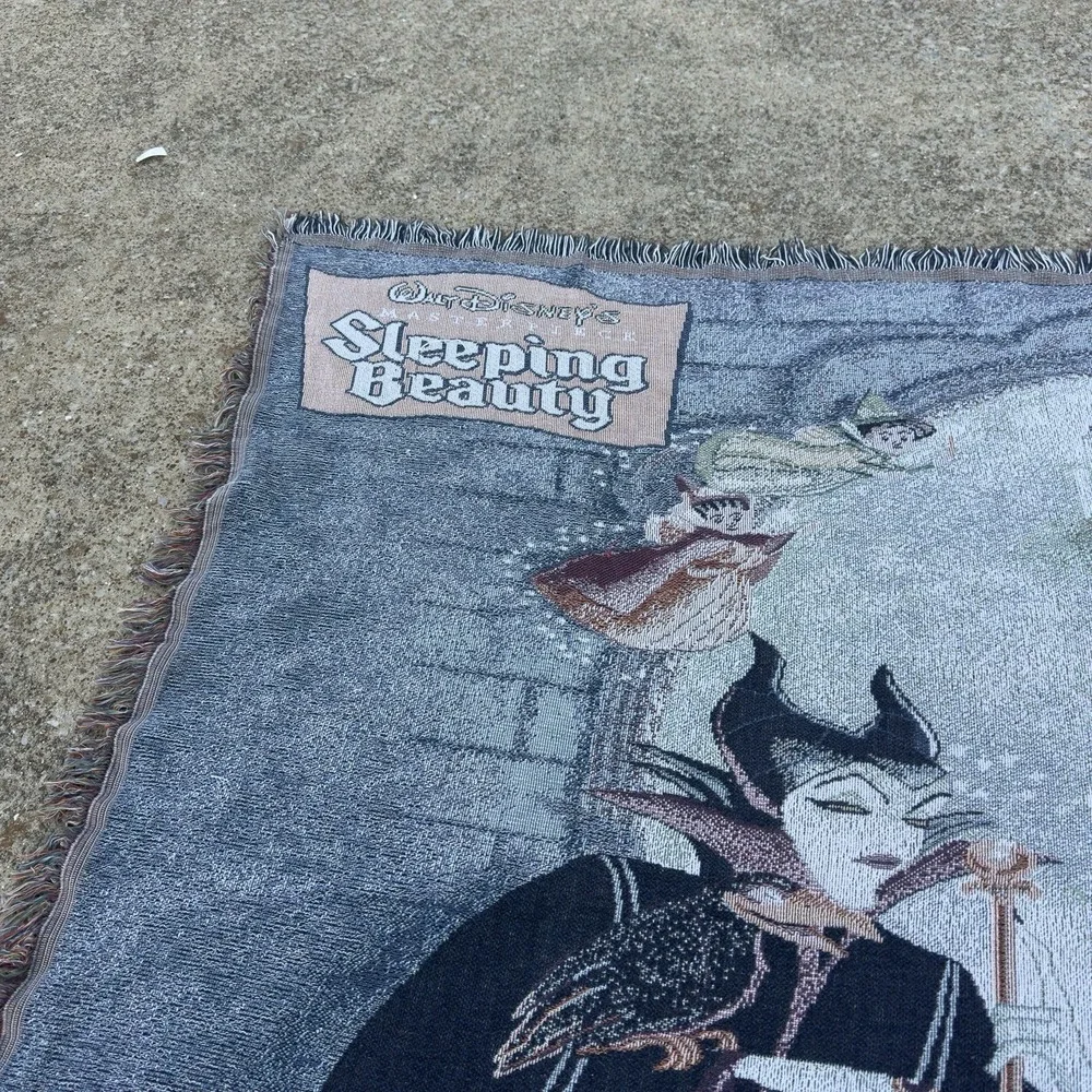 Vintage 90s Disney Sleeping Beauty Woven Fringe Tapestry Throw Blanket Blue